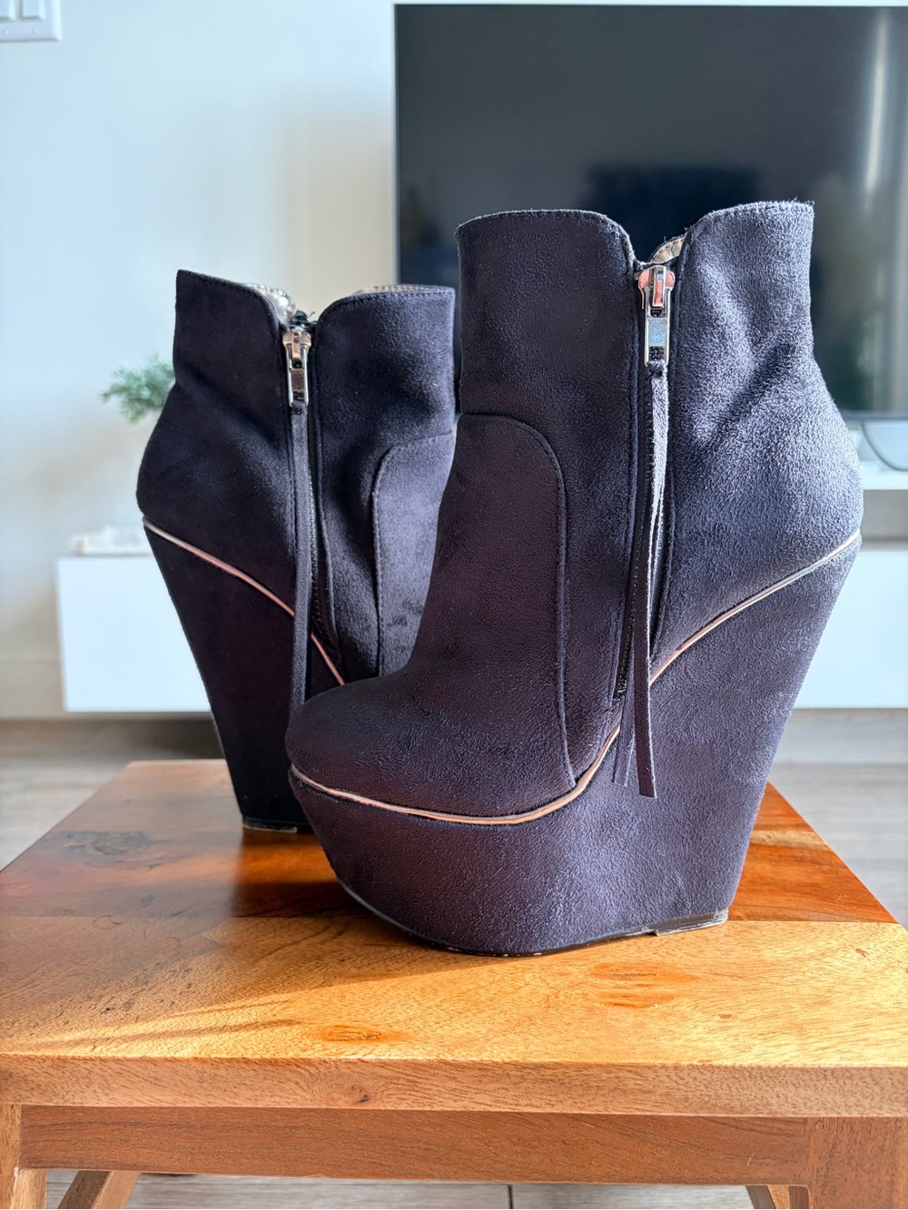 bucco Black Suede Wedge Ankle Boots with Metallic Trim